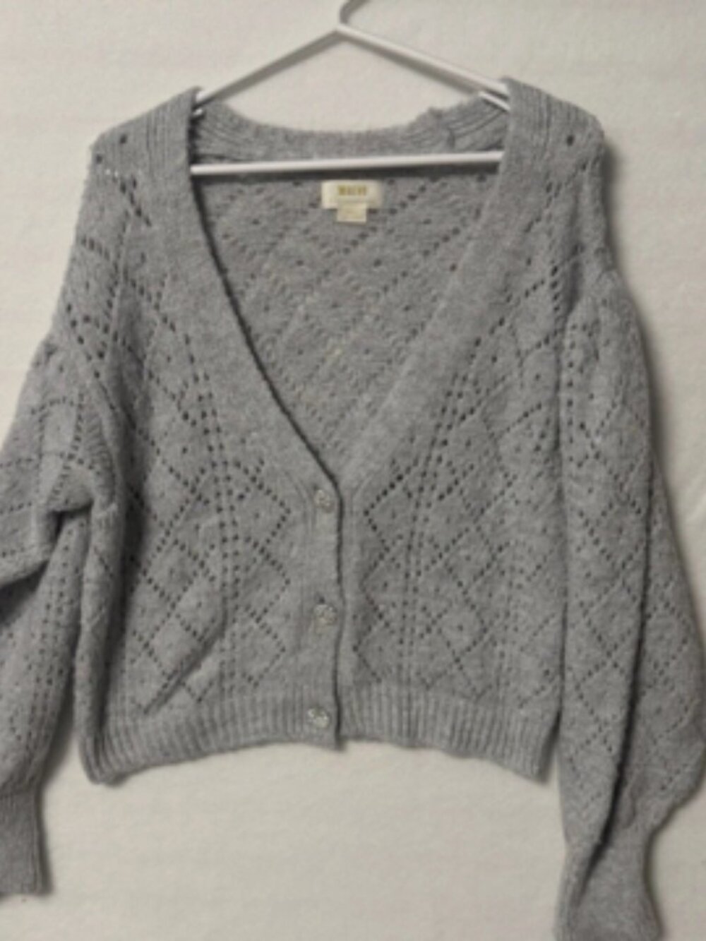 Maeve by Anthropologie Pointelle Knit Cardigan Gray Womens Med Jeweled Buttons
